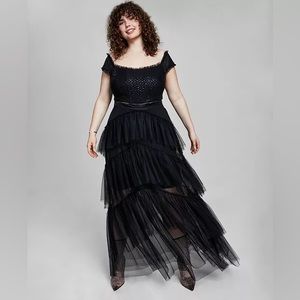 {City Studios} Trendy Plus Size Tiered-Tulle Glitter-Knit Gown🖤